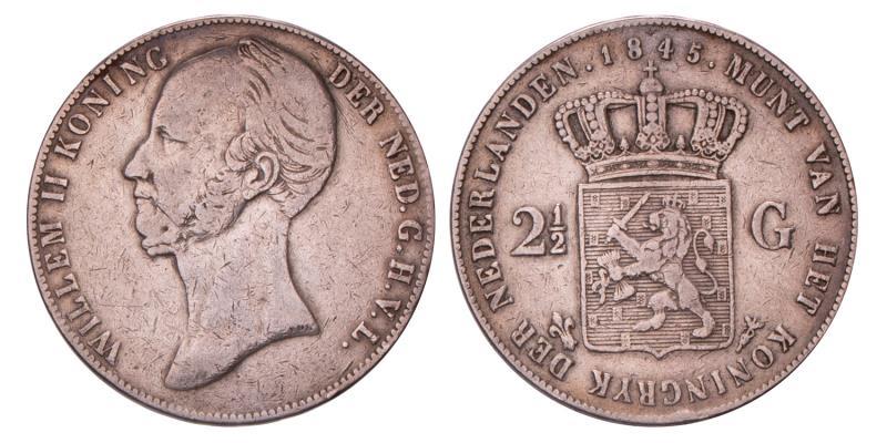 2½ Gulden Willem II 1845 Parel op de band. Fraai +.