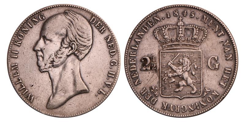 2½ Gulden Willem II 1845 Streepje. Zeer Fraai -.