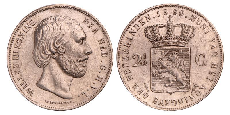 2½ Gulden Willem III 1850. Prachtig +.