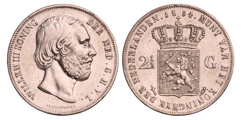 2½ Gulden Willem III 1854. Zeer Fraai / Prachtig.