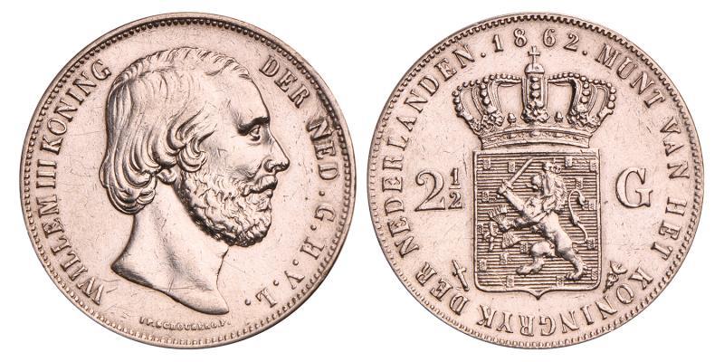 2½ Gulden Willem III 1862. Zeer Fraai / Prachtig.