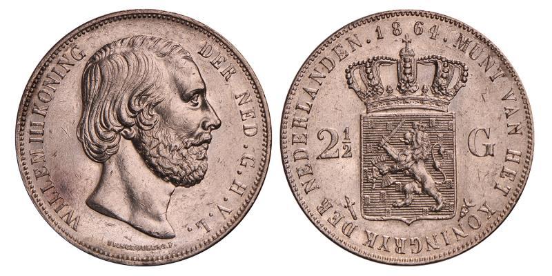 2½ Gulden Willem III 1864. Zeer Fraai / Prachtig.
