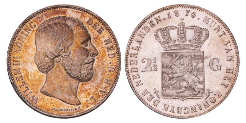 2½ Gulden Willem III 1874. Prachtig / FDC.