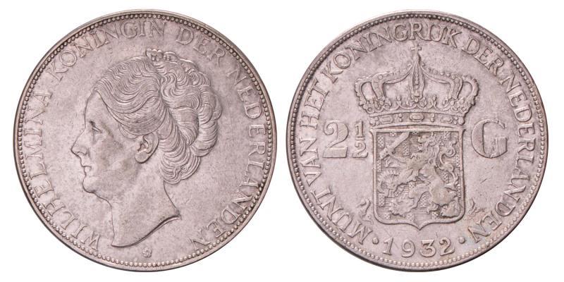 2½ Gulden Wilhelmina 1932 Grofhaar. Prachtig.