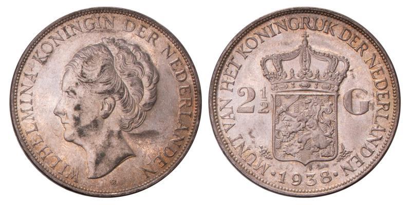 2½ Gulden Wilhelmina 1938 grofhaar. Prachtig.