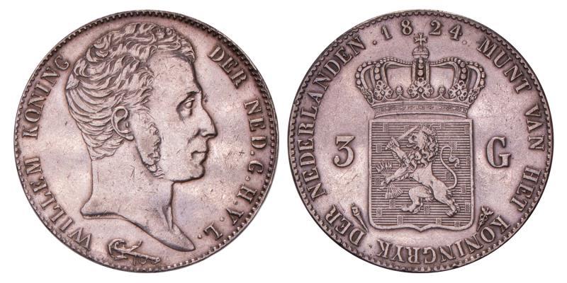 3 Gulden Willem I 1824 U. Prachtig.