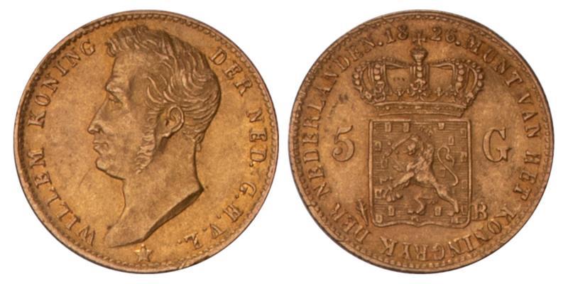 5 Gulden goud Willem I 1826 B. Prachtig / FDC.