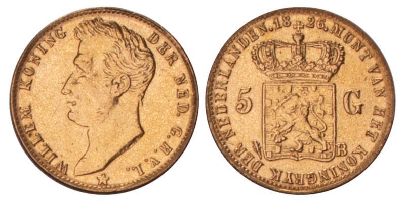 5 Gulden goud Willem I 1826 B. Fraai.