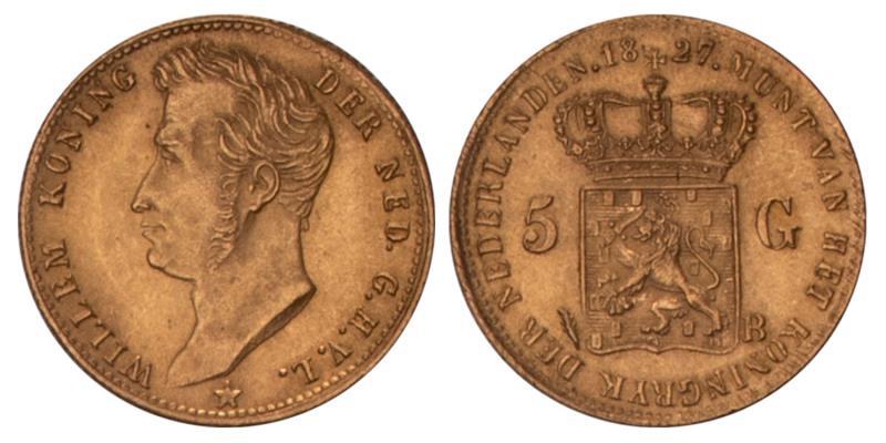 5 Gulden goud Willem I 1827 B. FDC.