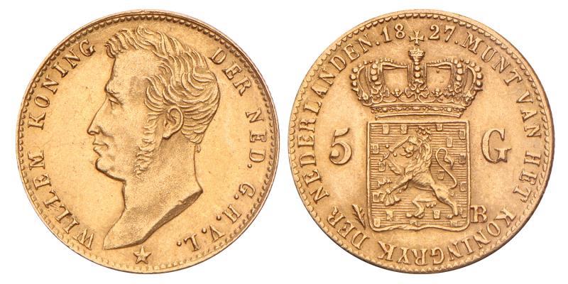 5 Gulden goud Willem I 1827 B. FDC.