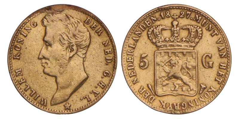 5 Gulden goud Willem I 1827 U. Zeer Fraai.