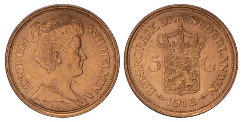 5 Gulden goud Wilhelmina 1912. FDC.
