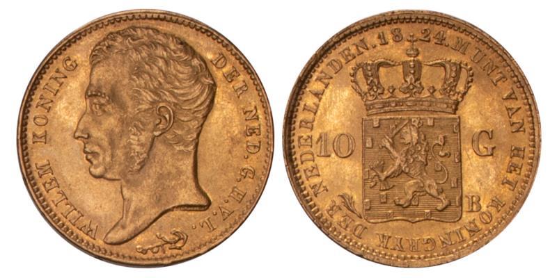 10 Gulden goud Willem I 1824 B. Prachtig / FDC.