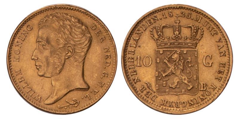 10 Gulden goud Willem I 1825 B. FDC.