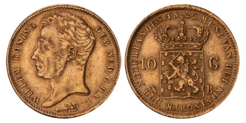 10 Gulden goud Willem I 1825 B. Zeer Fraai / Prachtig.