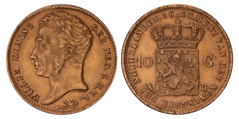 10 Gulden goud Willem I 1828 B. FDC.