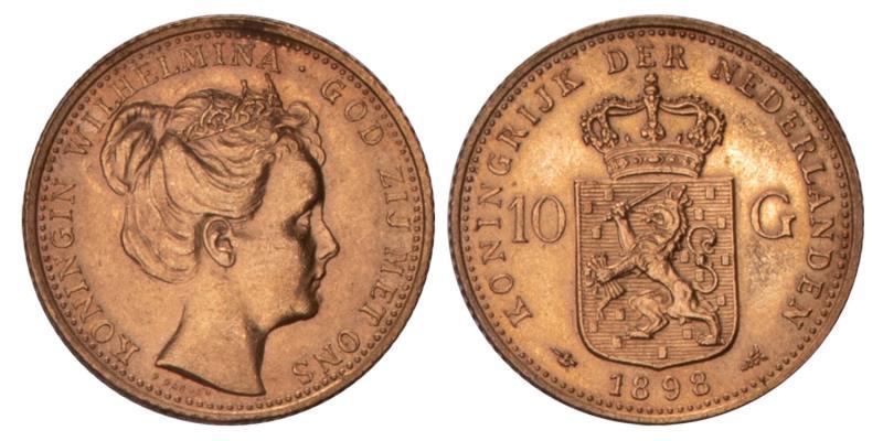 10 Gulden goud Wilhelmina 1898. FDC -.