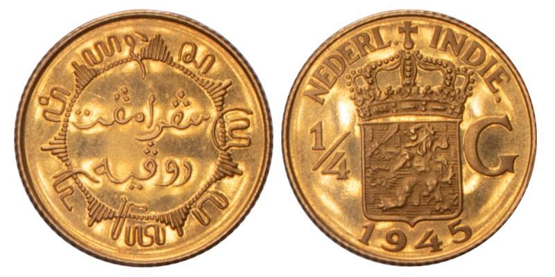 Kwart Gulden gouden herslag, Nederlands-Indië 1945. BU.