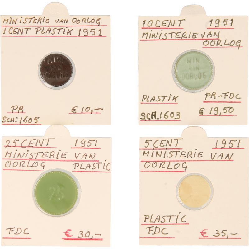 Nederland. Lot (4) Plastic tokens Ministerie van Oorlog 1951: 1, 5, 10 en 25 Cent.