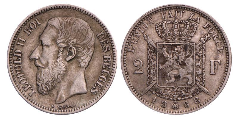 Belgium. Leopold II. 2 Francs. 1868.