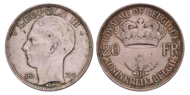 Belgium. Leopold III. 20 Francs. 1934.