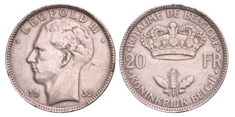 Belgium. Leopold III. 20 Francs. 1935.