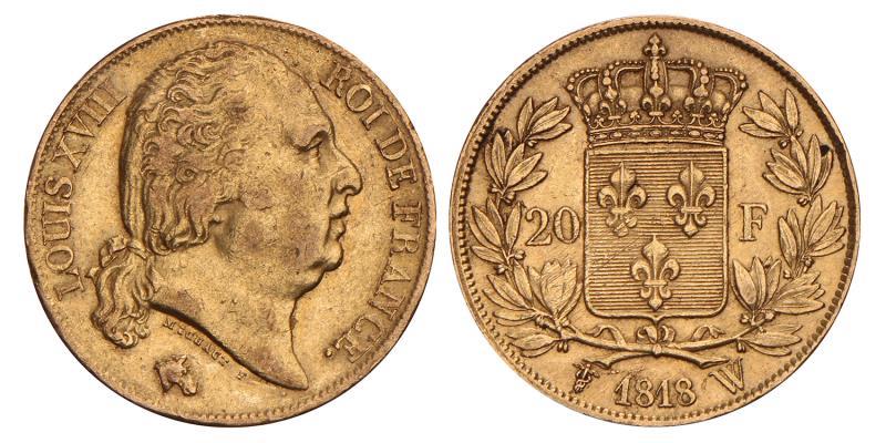 France. Louis XVIII. 20 Francs. 1818 W.