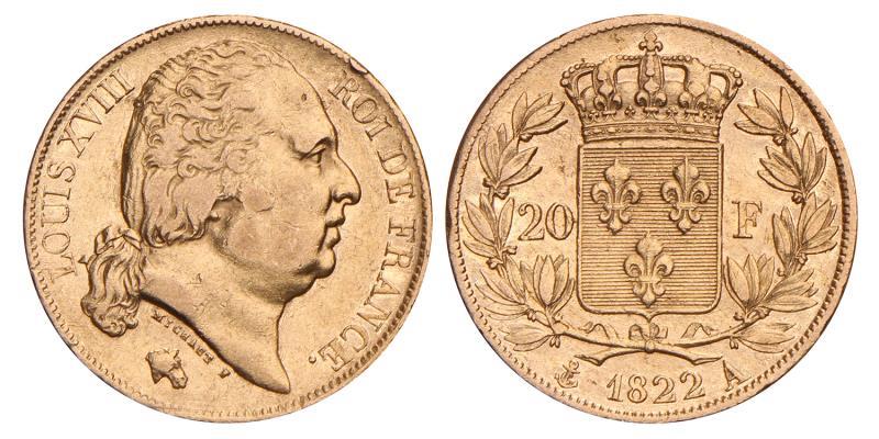 France. Louis XVIII. 20 Francs. 1822 A.