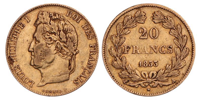 France. Louis Phillippe I. 20 Francs. 1833 A.