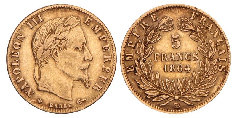 France. Napoleon III. 5 Francs. 1864 BB.