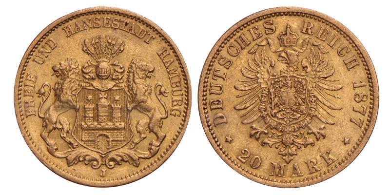 Germany. Hamburg. 20 Mark. 1877 J.