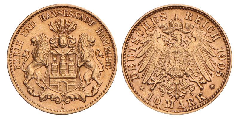 Germany. Hamburg. 10 Mark. 1905 J.