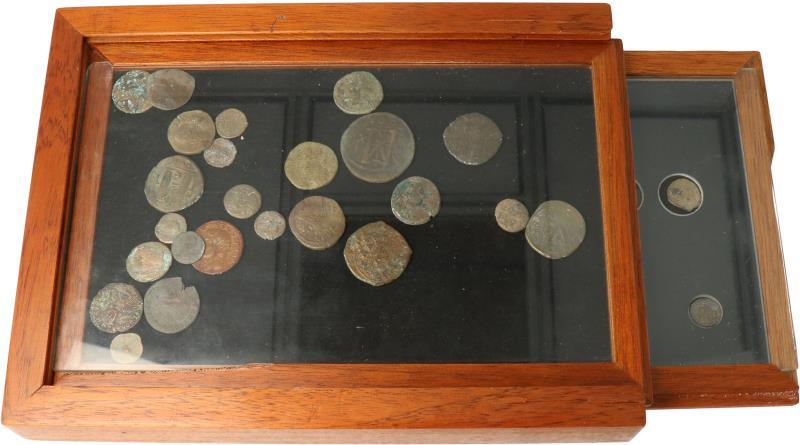 Ancient Coins. Lot (45) Wooden case with 2 trays.