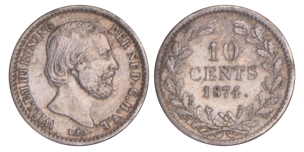 10 Cent Willem III 1874 zwaard met klaverblad vormig uiteinde. Fraai +.