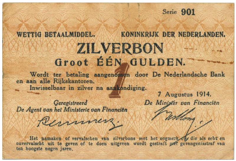 Nederland. 1 gulden. Zilverbon. Type 1914. - Zeer Fraai.