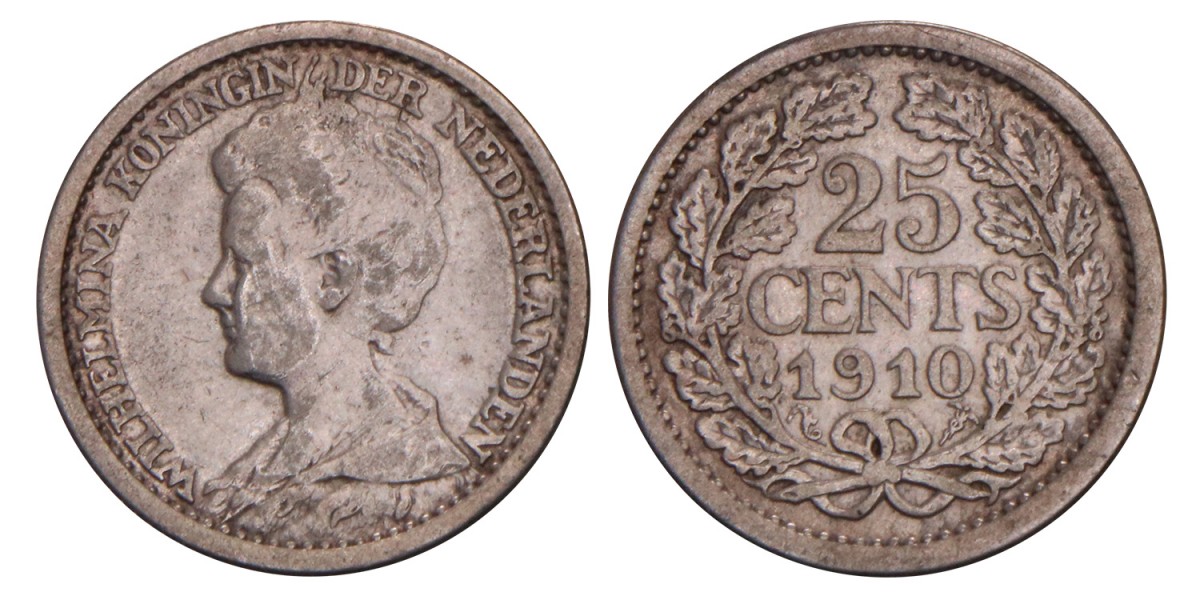 25 Cent Wilhelmina 1910. Fraai / Zeer Fraai.