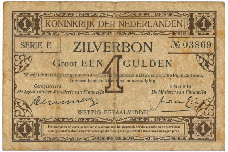 Nederland. 1 gulden. Zilverbon. Type 1916. - Fraai / Zeer Fraai.