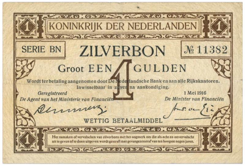 Nederland. 1 gulden. Zilverbon. Type 1916. - Zeer Fraai.