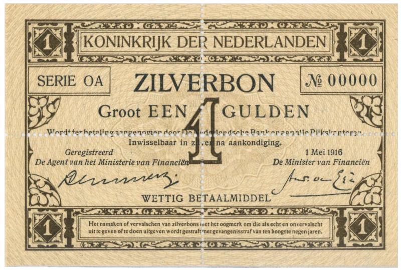 Nederland. 1 gulden. Zilverbon. Type 1916. - UNC.