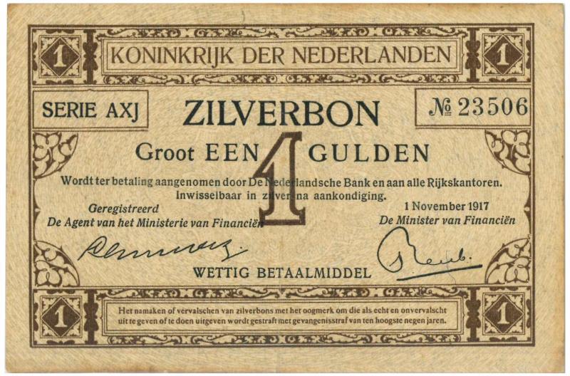 Nederland. 1 gulden. Zilverbon. Type 1916. - Zeer Fraai +.