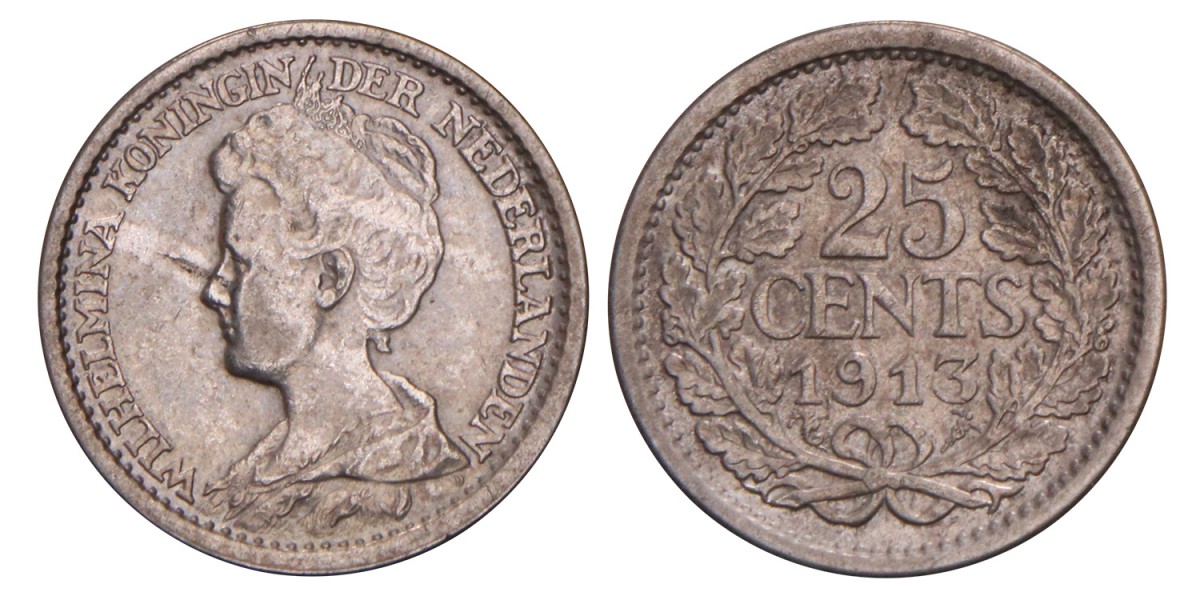 25 Cent Wilhelmina 1913. Zeer Fraai.