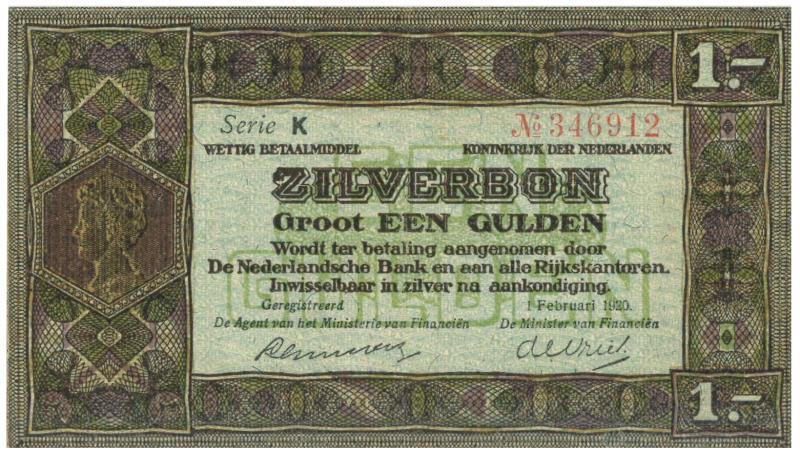 Nederland. 1 gulden. Zilverbon. Type 1920. - Zeer Fraai / Prachtig.