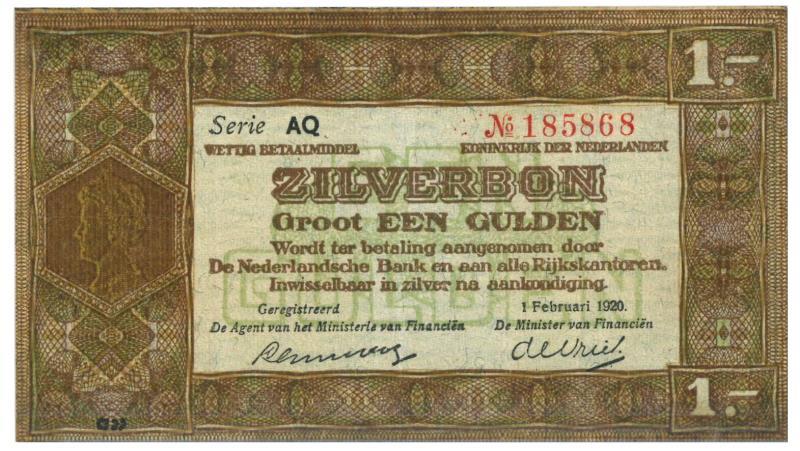 Nederland. 1 gulden. Zilverbon. Type 1920. - Zeer Fraai +.