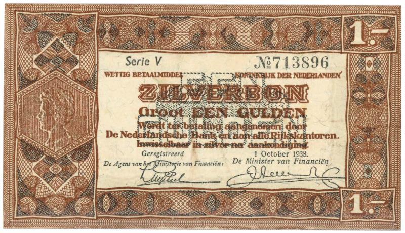 Nederland. 1 gulden. Zilverbon. Type 1938. - Zeer Fraai / Prachtig.