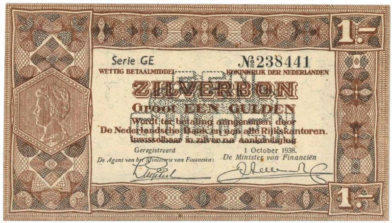 Nederland. 1 gulden. Zilverbon. Type 1938. - UNC.