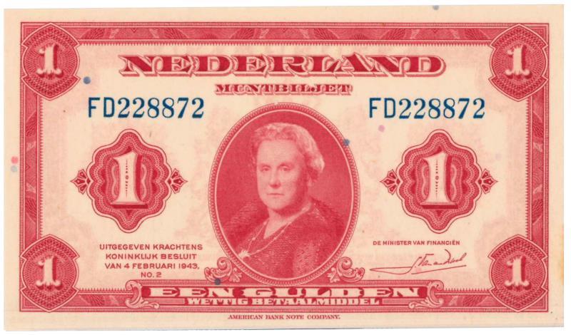 Nederland. 1 gulden. Zilverbon. Type 1943. - UNC.