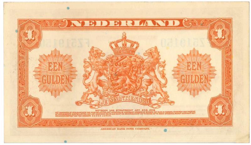 Nederland. 1 gulden. Zilverbon. Type 1943. - Nagenoeg UNC.