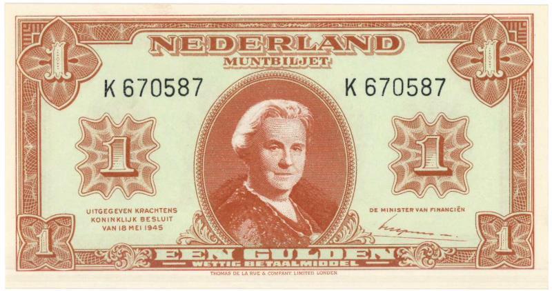 Nederland. 1 gulden. Muntbiljet. Type 1945. - UNC.