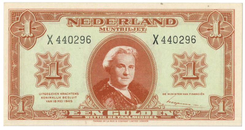 Nederland. 1 gulden. Muntbiljet. Type 1945. - UNC.