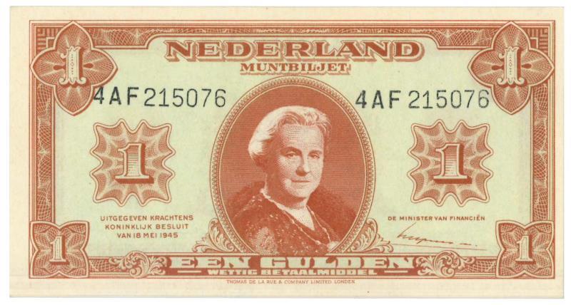 Nederland. 1 gulden. Muntbiljet. Type 1945. - Prachtig +.